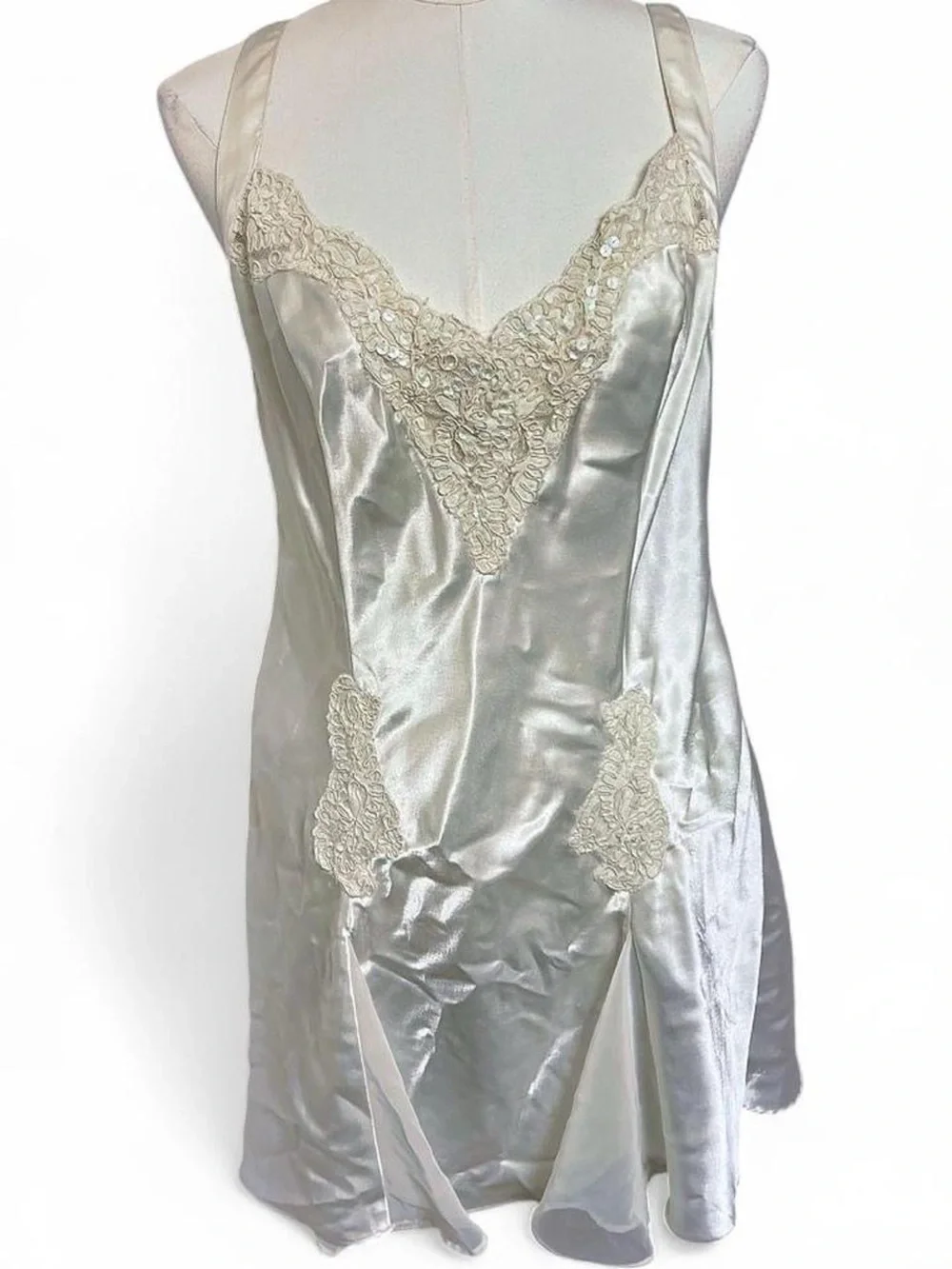Victoria’s Secret vintage ivory white satin lace slip dress lingerie pearls 90s